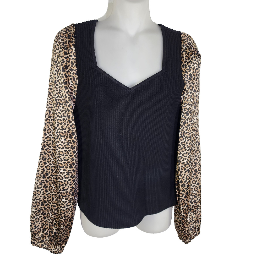 Bailey 44 Womens Black Ribbed Knit Top Animal Print Balloon Long Sleeves Small
